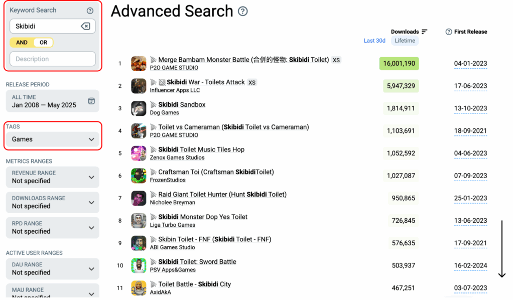 Skibidi Games in Advanced Search